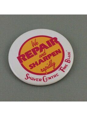 Vintage Shaver Centre 3.5" Pinback Button Advertisement Repair Sharpen Badge